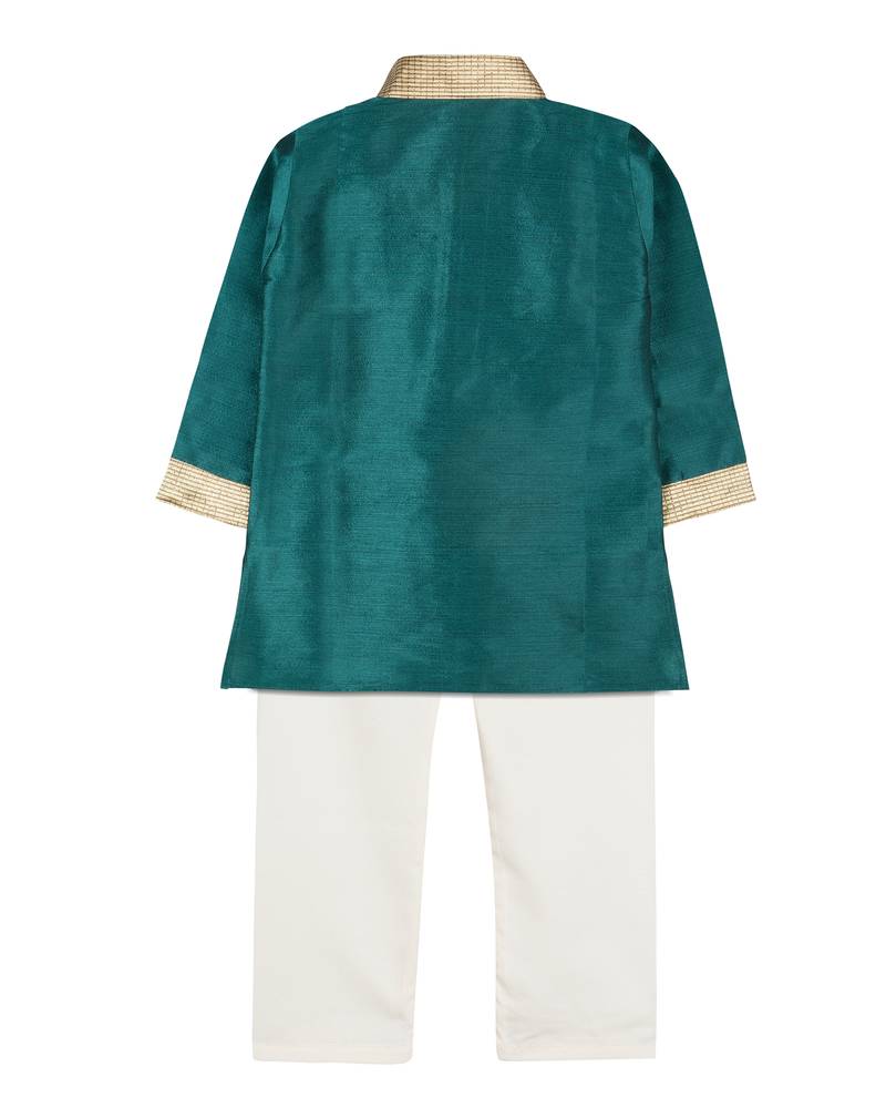Green Silk Blend Plain Boys Kurta Pyjama
