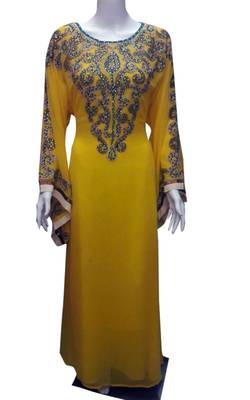 Yellow georgette zari stone work islamic style farasha 1