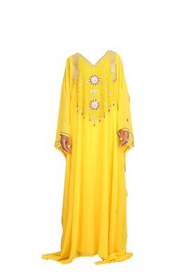 Yellow georgette zari stone work islamic style farasha 1