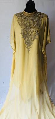 Yellow georgette zari stone work islamic style farasha 1