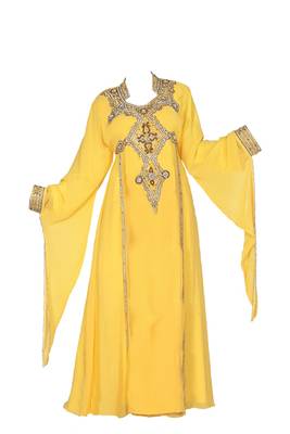 Yellow georgette zari stone work islamic style farasha 1