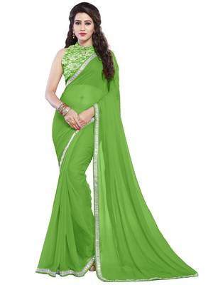 Green embroidered chiffon saree with blouse 2