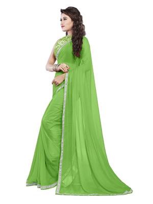 Green embroidered chiffon saree with blouse 3
