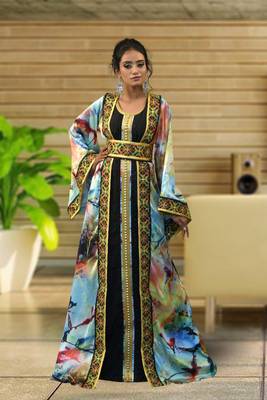 Multi And Black Digital Print And Creap Embroidered Islamic Kaftans 1