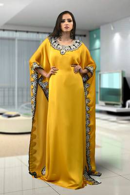 Yellow Satin And Shiffon Embroidered Islamic Kaftans 2