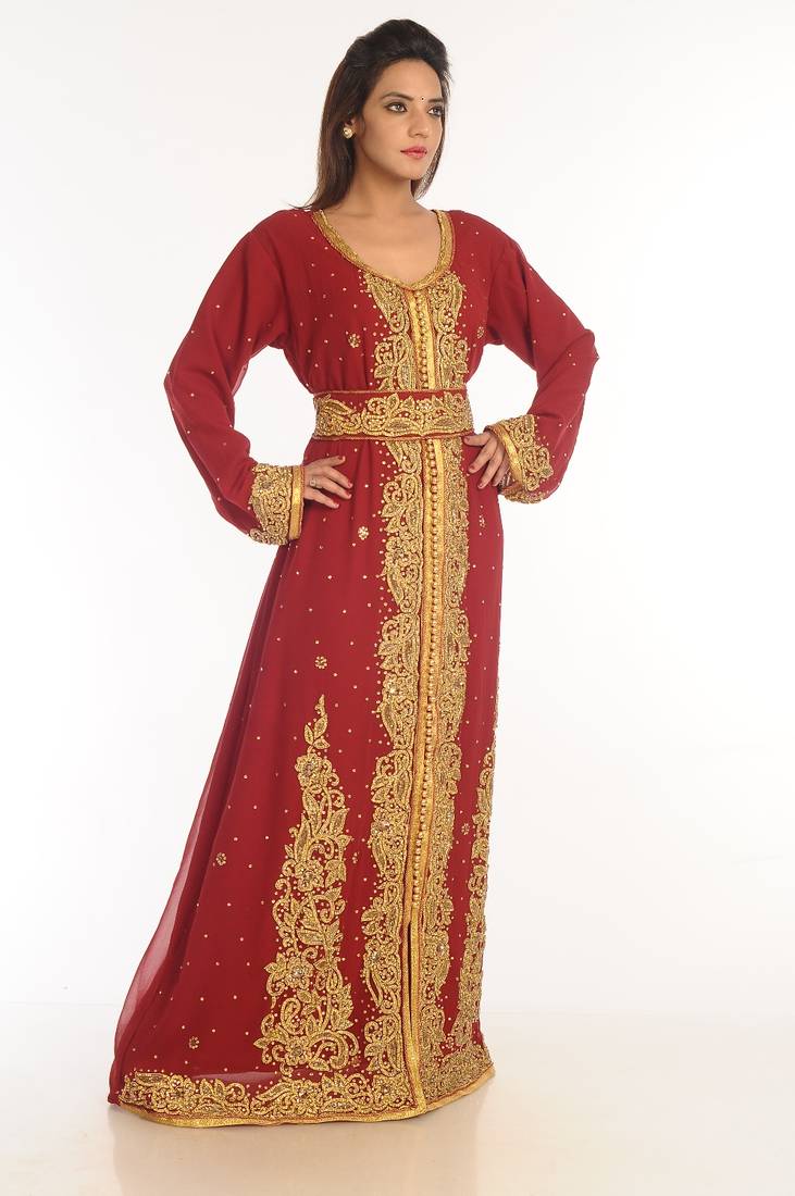 Maroon Embroidered Georgette Islamic Kaftan