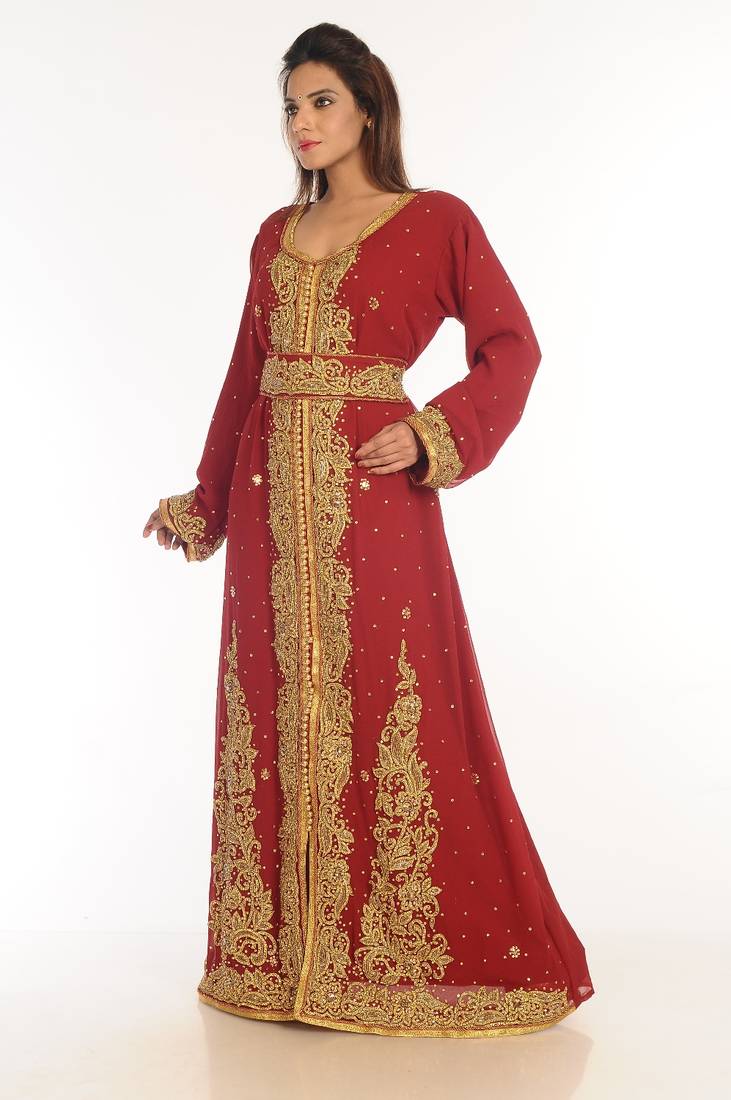 Maroon Embroidered Georgette Islamic Kaftan