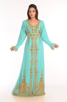 Turquoise Embroidered Georgette Islamic Kaftan 1