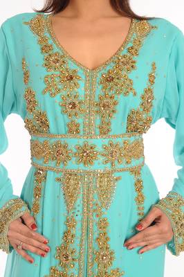 Turquoise Embroidered Georgette Islamic Kaftan 2