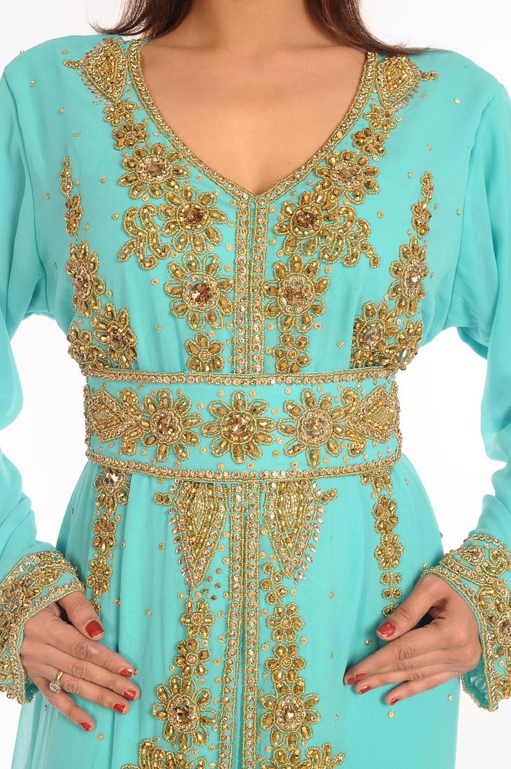 Turquoise Embroidered Georgette Islamic Kaftan