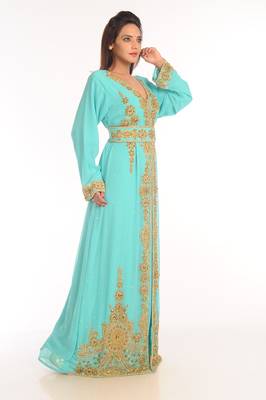 Turquoise Embroidered Georgette Islamic Kaftan 3