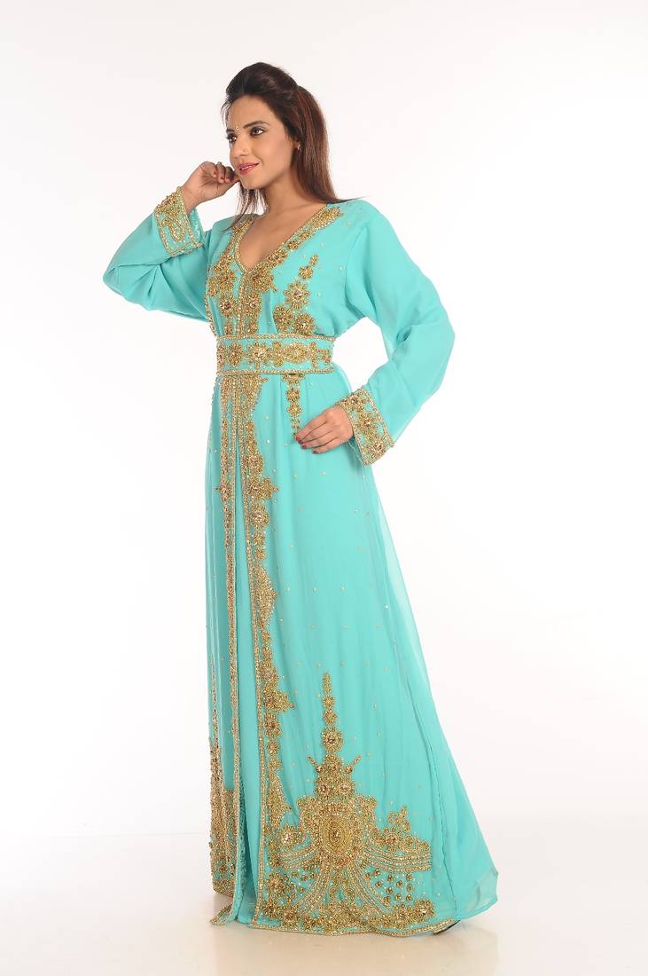 Turquoise Embroidered Georgette Islamic Kaftan