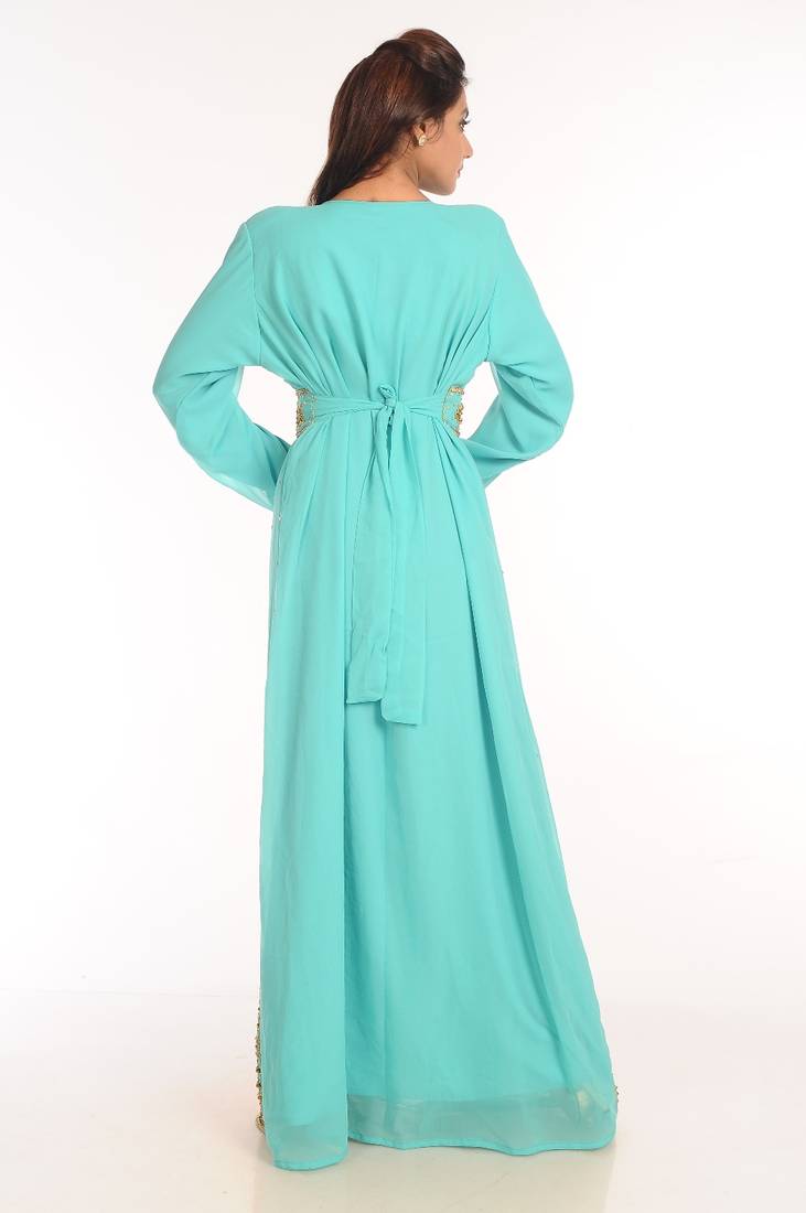 Turquoise Embroidered Georgette Islamic Kaftan