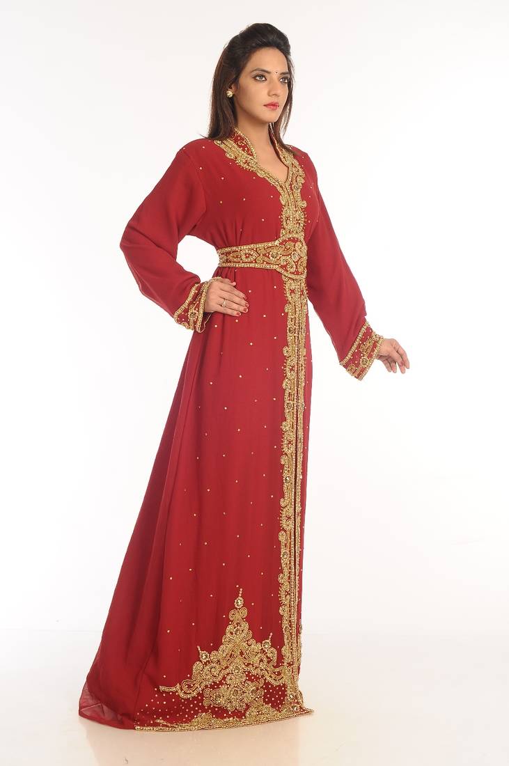 Maroon Embroidered Georgette Islamic Kaftan