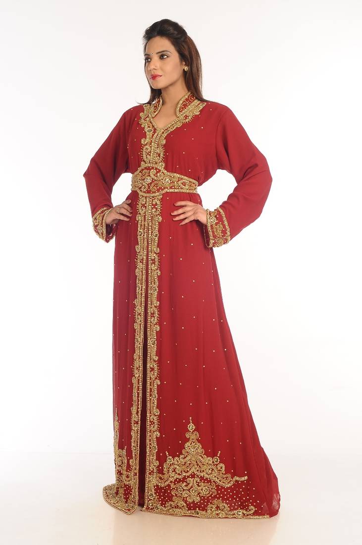 Maroon Embroidered Georgette Islamic Kaftan