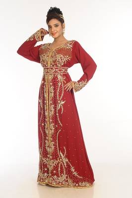 Red Embroidered Georgette Islamic Kaftan 5