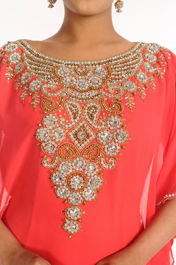 Peach Embroidered Georgette Islamic Kaftan