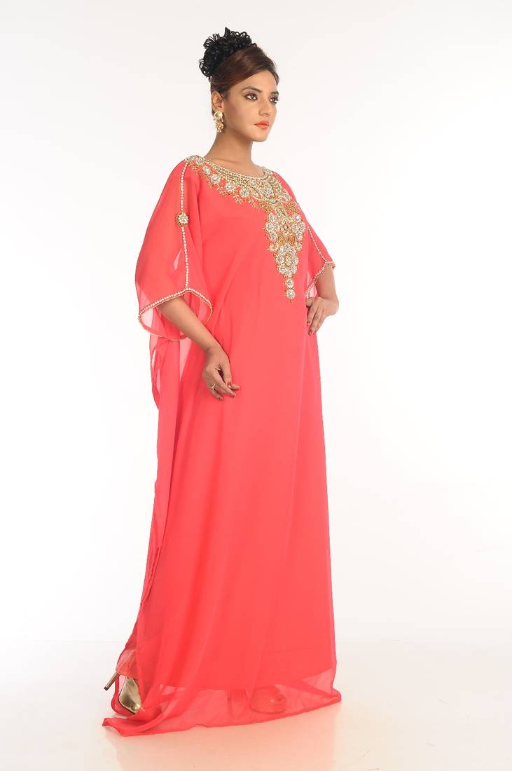 Peach Embroidered Georgette Islamic Kaftan