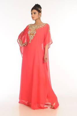 Peach Embroidered Georgette Islamic Kaftan 5