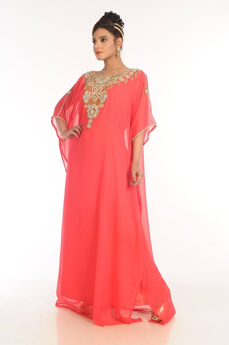 Peach Embroidered Georgette Islamic Kaftan