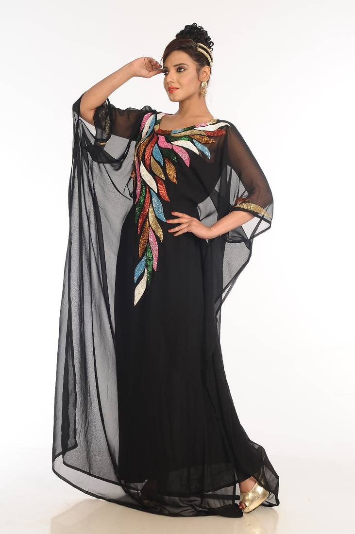 Black Embroidered Georgette Islamic Kaftan