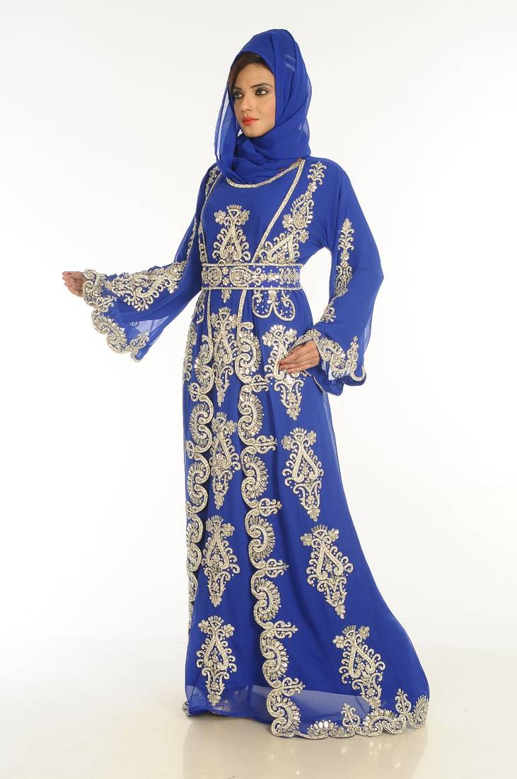 Royal Blue Embroidered Georgette Islamic Kaftan