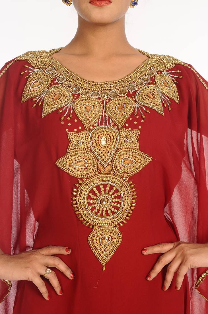 Maroon Embroidered Georgette Islamic Kaftan