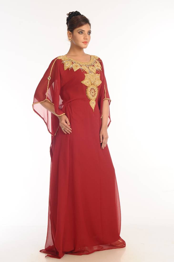 Maroon Embroidered Georgette Islamic Kaftan