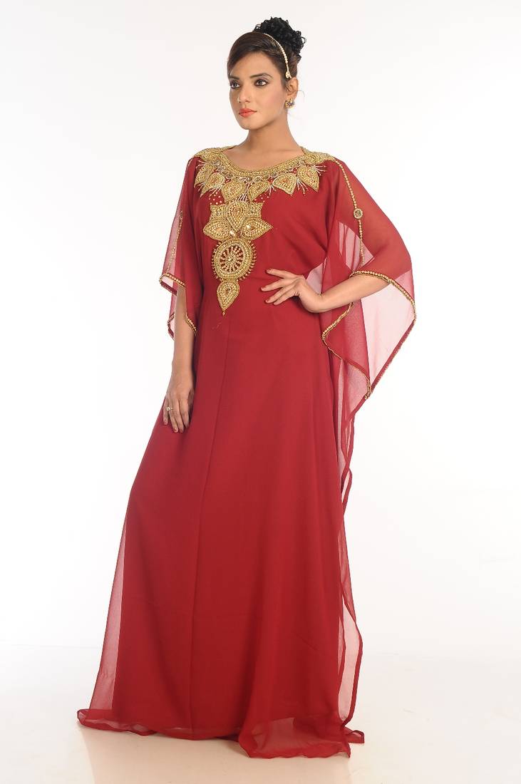 Maroon Embroidered Georgette Islamic Kaftan
