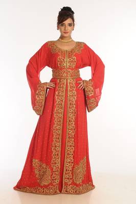 Red Embroidered Georgette Islamic Kaftan 1