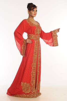 Red Embroidered Georgette Islamic Kaftan 3