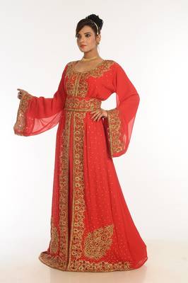 Red Embroidered Georgette Islamic Kaftan 4