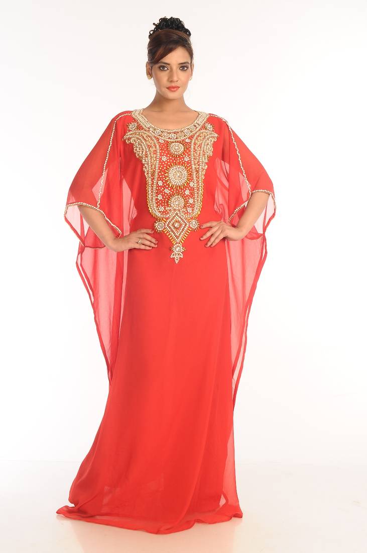 Peach Embroidered Georgette Islamic Kaftan