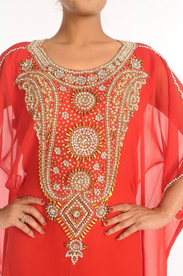 Peach Embroidered Georgette Islamic Kaftan