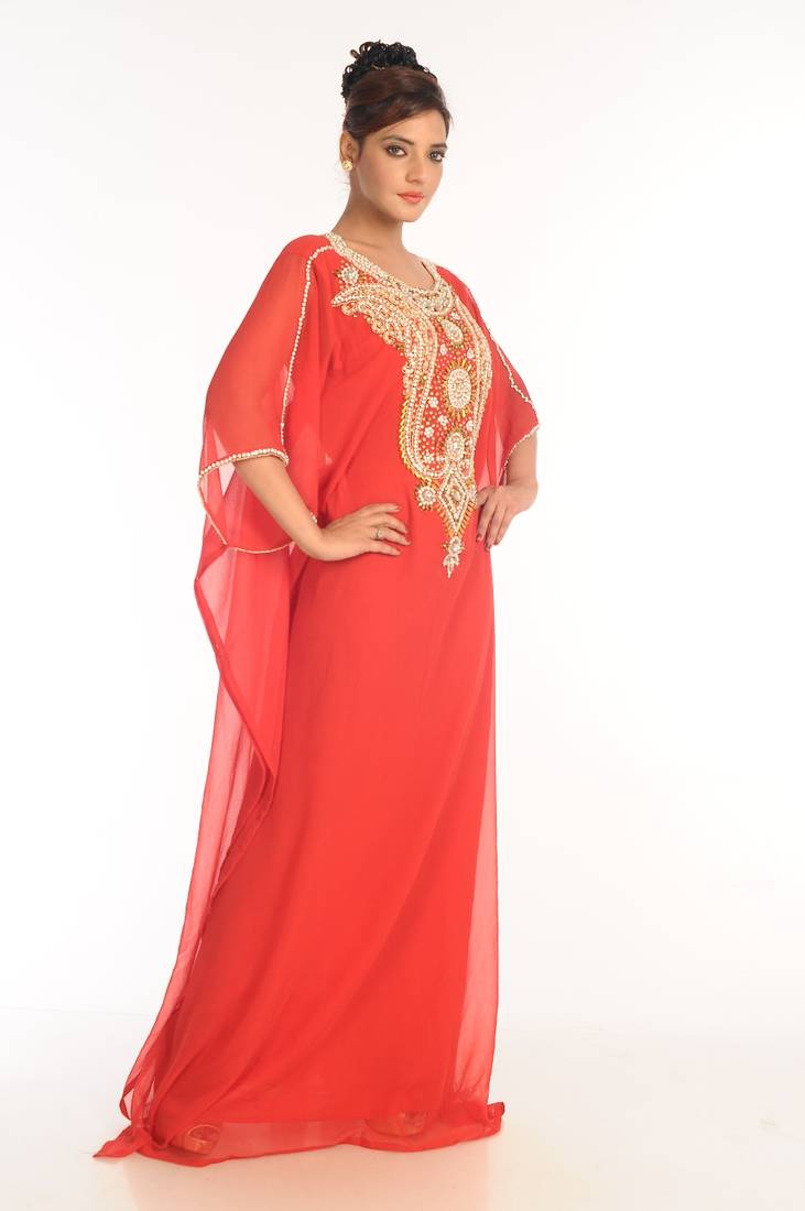 Peach Embroidered Georgette Islamic Kaftan
