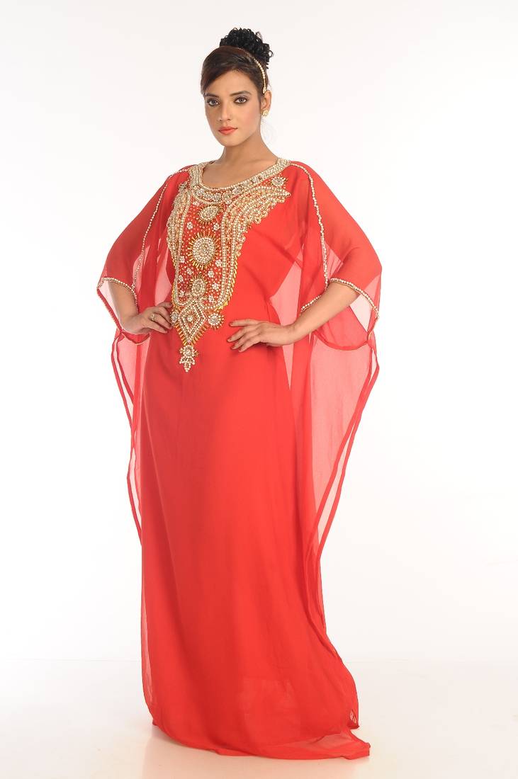 Peach Embroidered Georgette Islamic Kaftan