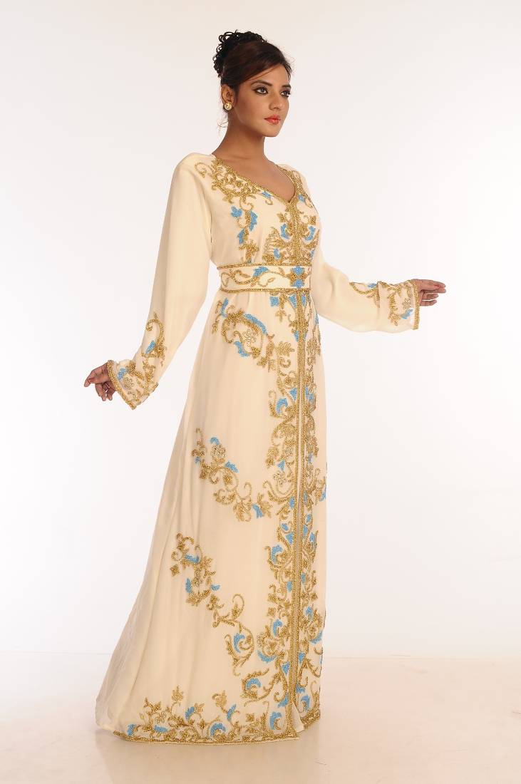 Cream Embroidered Georgette Islamic Kaftan