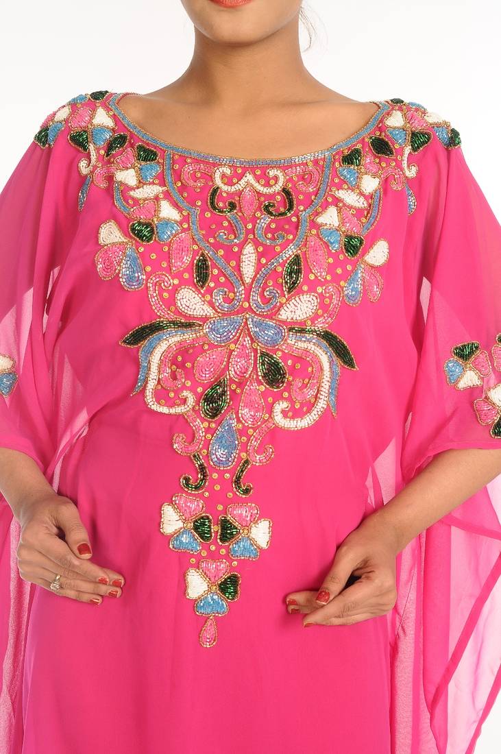 Pink Embroidered Georgette Islamic Kaftan