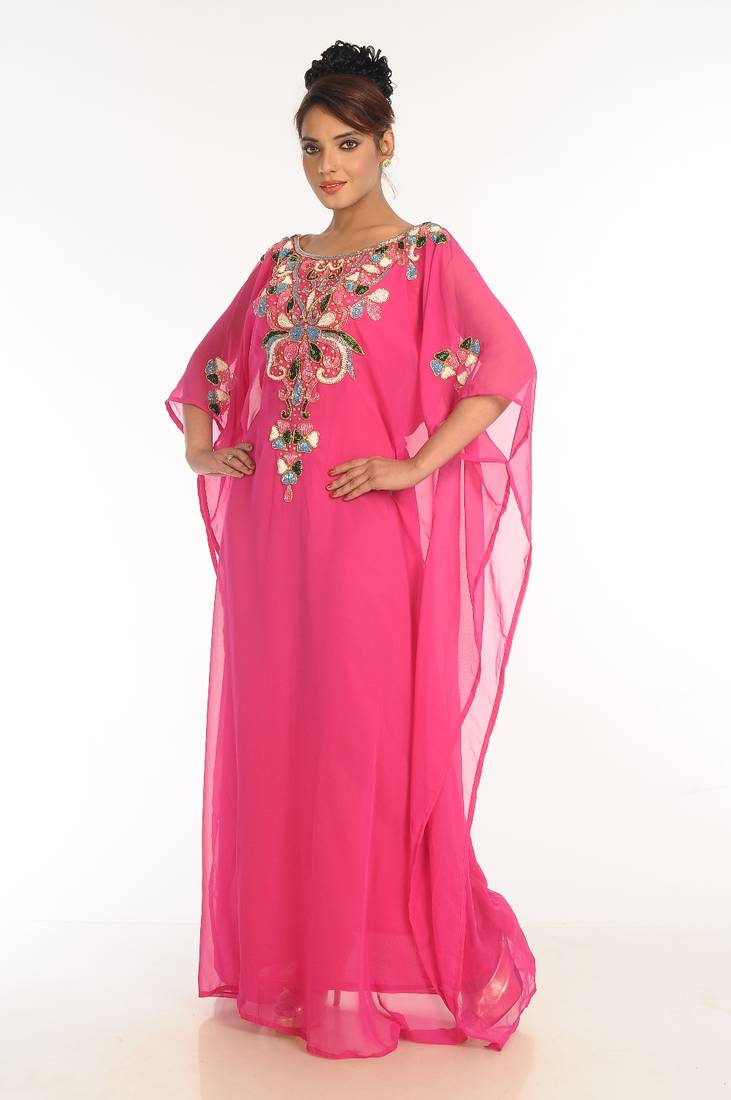 Pink Embroidered Georgette Islamic Kaftan