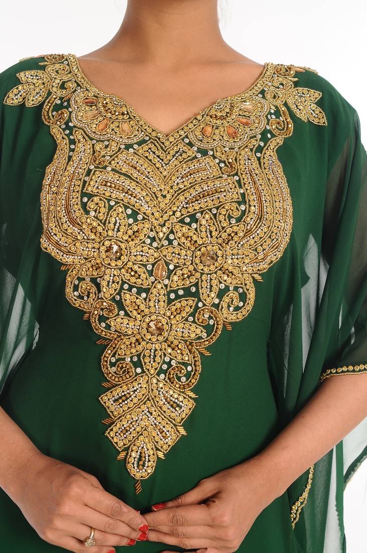 Bottle Green Embroidered Georgette Islamic Kaftan