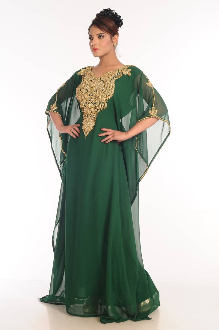 Bottle Green Embroidered Georgette Islamic Kaftan