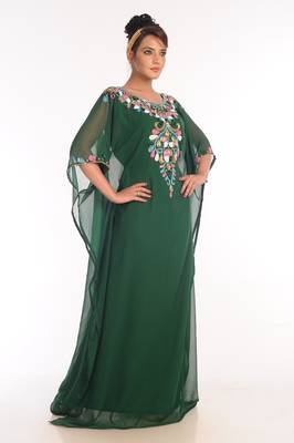 Bottle Green Embroidered Georgette Islamic Kaftan 2