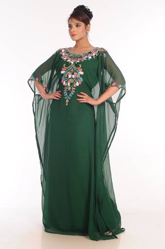 Bottle Green Embroidered Georgette Islamic Kaftan