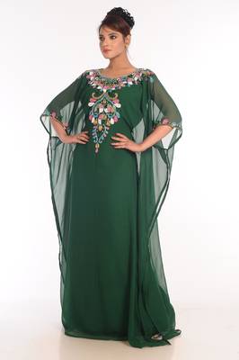 Bottle Green Embroidered Georgette Islamic Kaftan 1