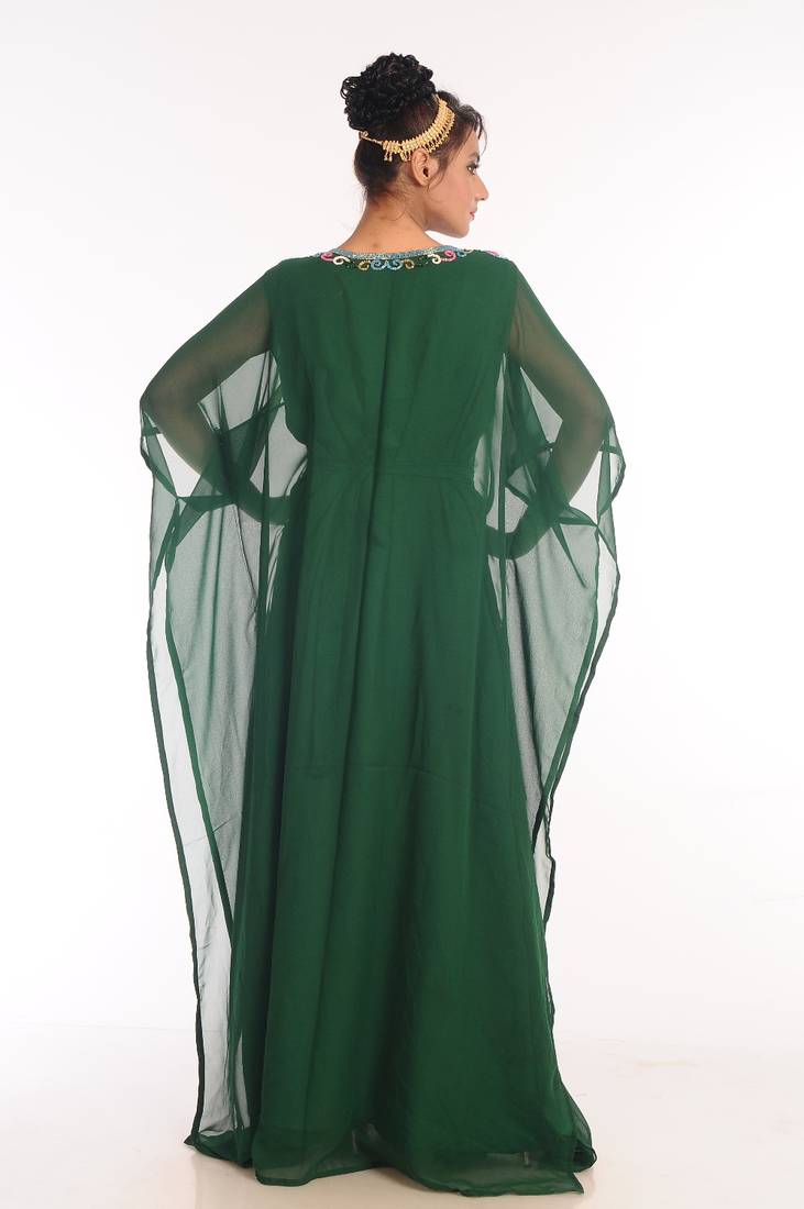 Bottle Green Embroidered Georgette Islamic Kaftan