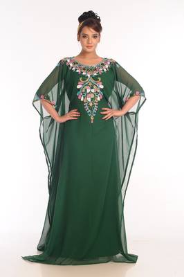 Bottle Green Embroidered Georgette Islamic Kaftan 4
