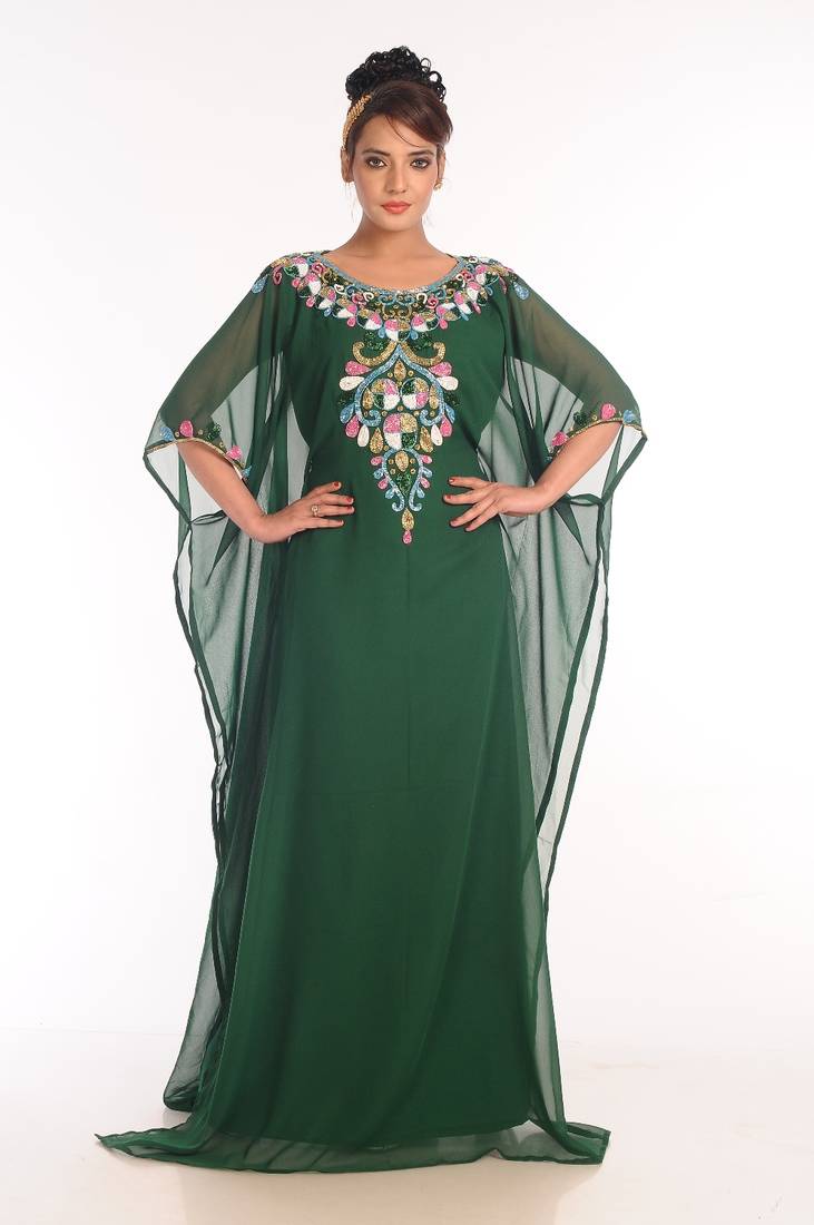 Bottle Green Embroidered Georgette Islamic Kaftan