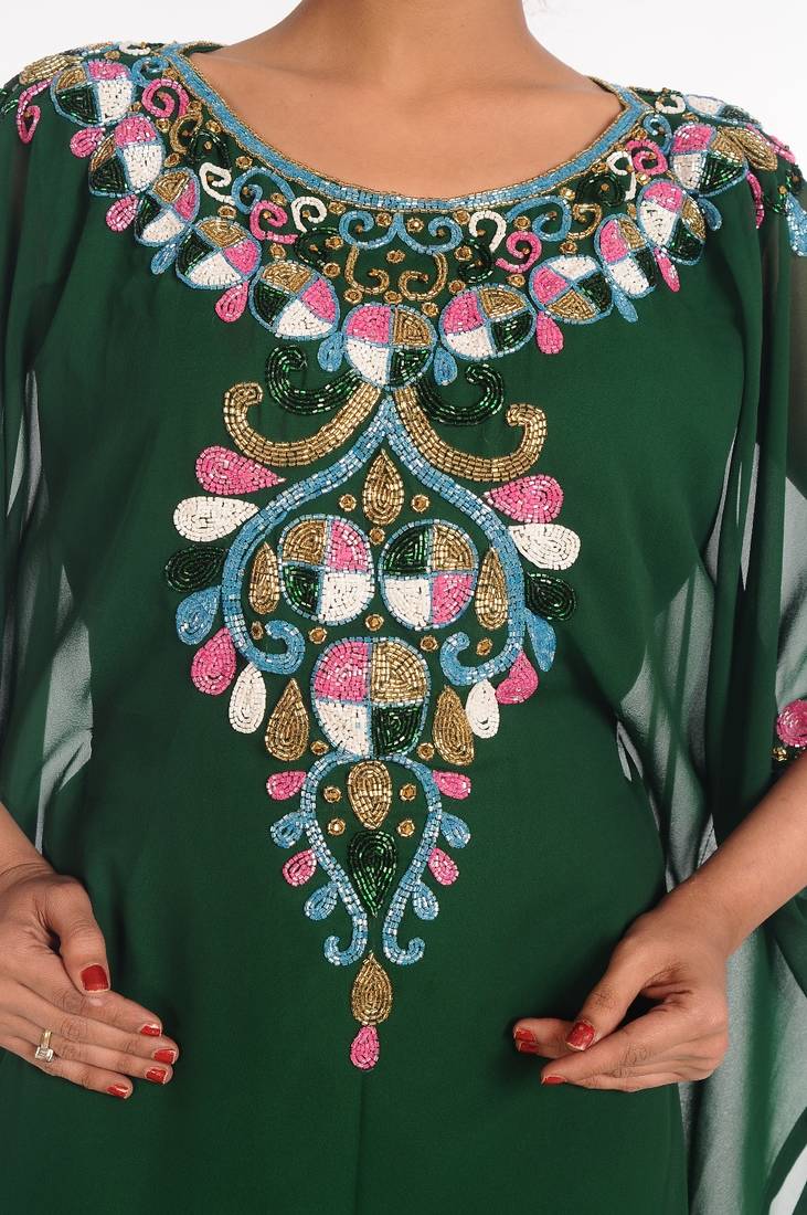 Bottle Green Embroidered Georgette Islamic Kaftan