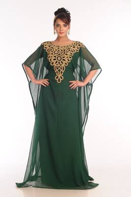 Bottle Green Embroidered Georgette Islamic Kaftan 1