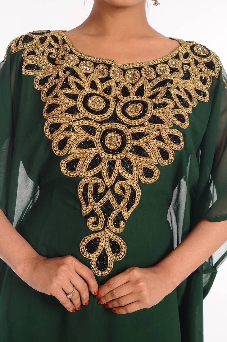 Bottle Green Embroidered Georgette Islamic Kaftan
